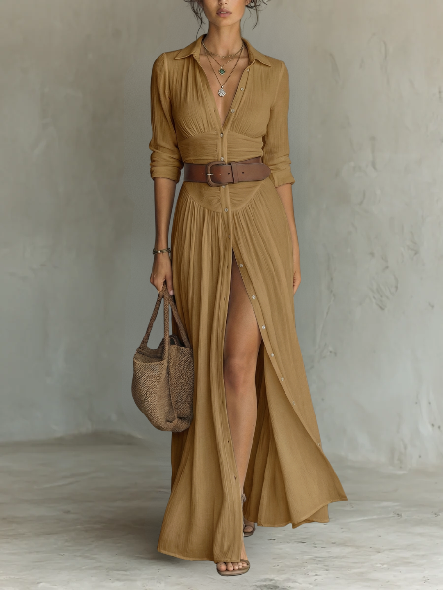 Nuria | Vestido Maxi Largo con Cuello de Muesca y Mangas Largas para Mujer
