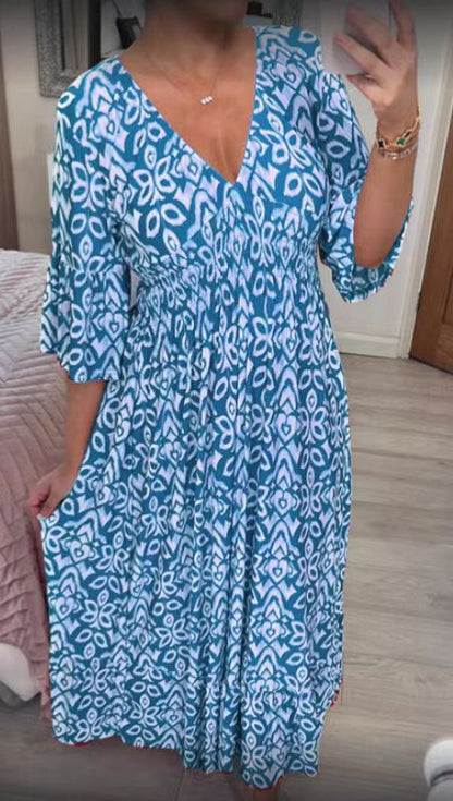 Isabel - Vestido Largo Estampado · Escote V · Estilo Boho