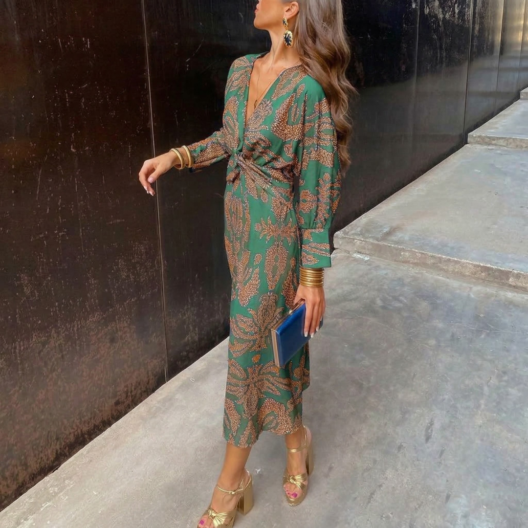 Isadora – Vestido Midi Elegante con Nudo en la Cintura y Estampado Artístico