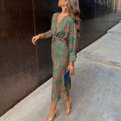Isadora – Vestido Midi Elegante con Nudo en la Cintura y Estampado Artístico