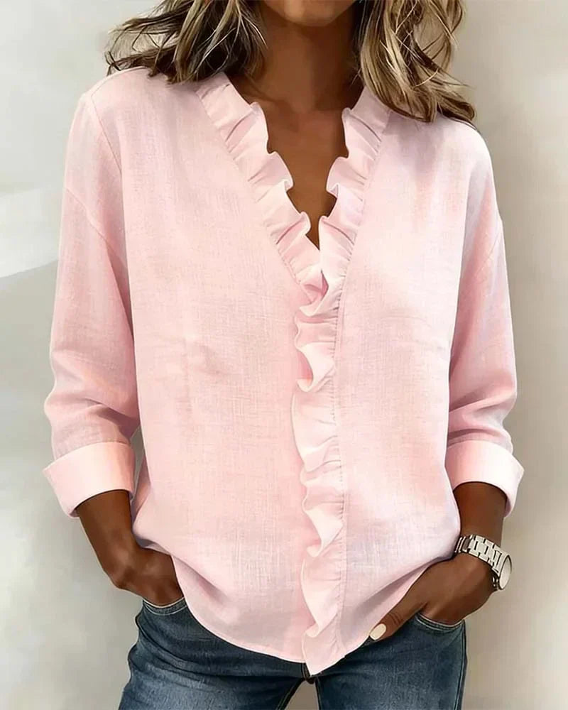 Indie | Blusa con Volantes, Cuello en V y Mangas Largas