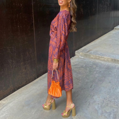 Isadora – Vestido Midi Elegante con Nudo en la Cintura y Estampado Artístico