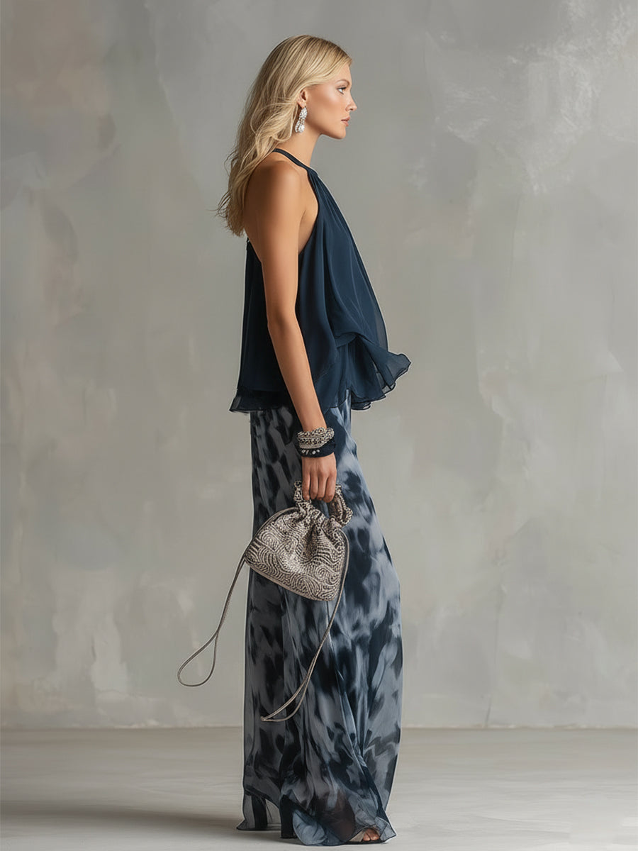 Luci | elegante en chifón con top de cuello alto y pantalones anchos estampados