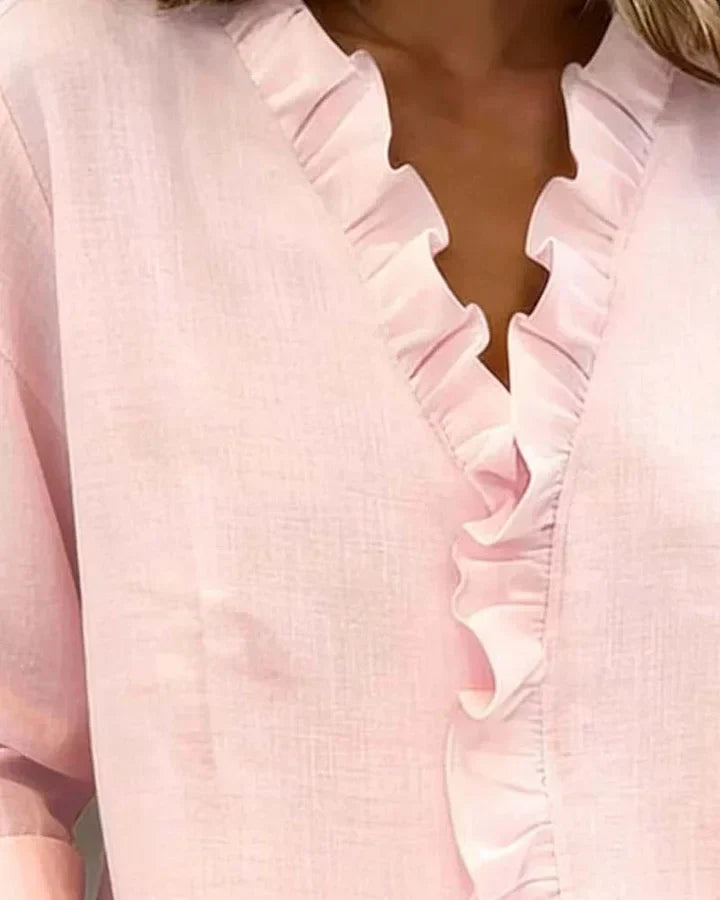 Indie | Blusa con Volantes, Cuello en V y Mangas Largas