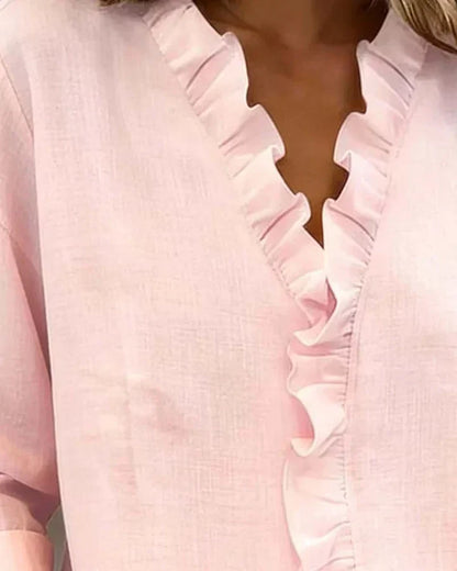 Indie | Blusa con Volantes, Cuello en V y Mangas Largas