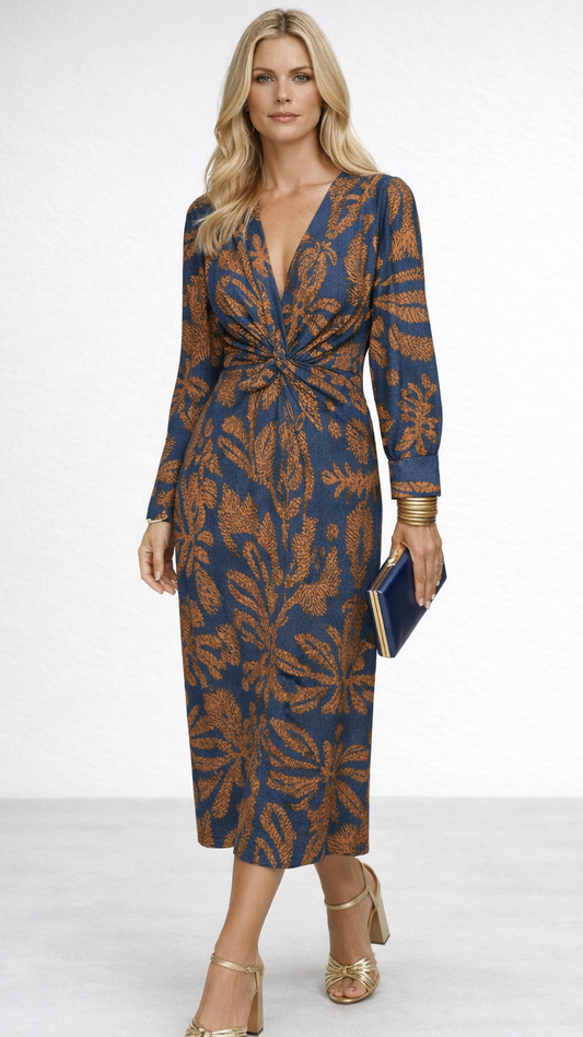 Isadora – Vestido Midi Elegante con Nudo en la Cintura y Estampado Artístico