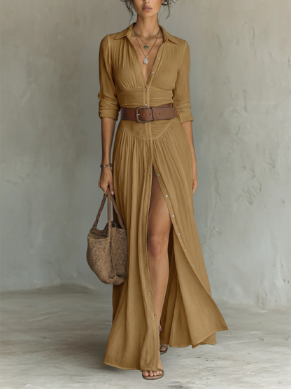 Nuria | Vestido Maxi Largo con Cuello de Muesca y Mangas Largas para Mujer