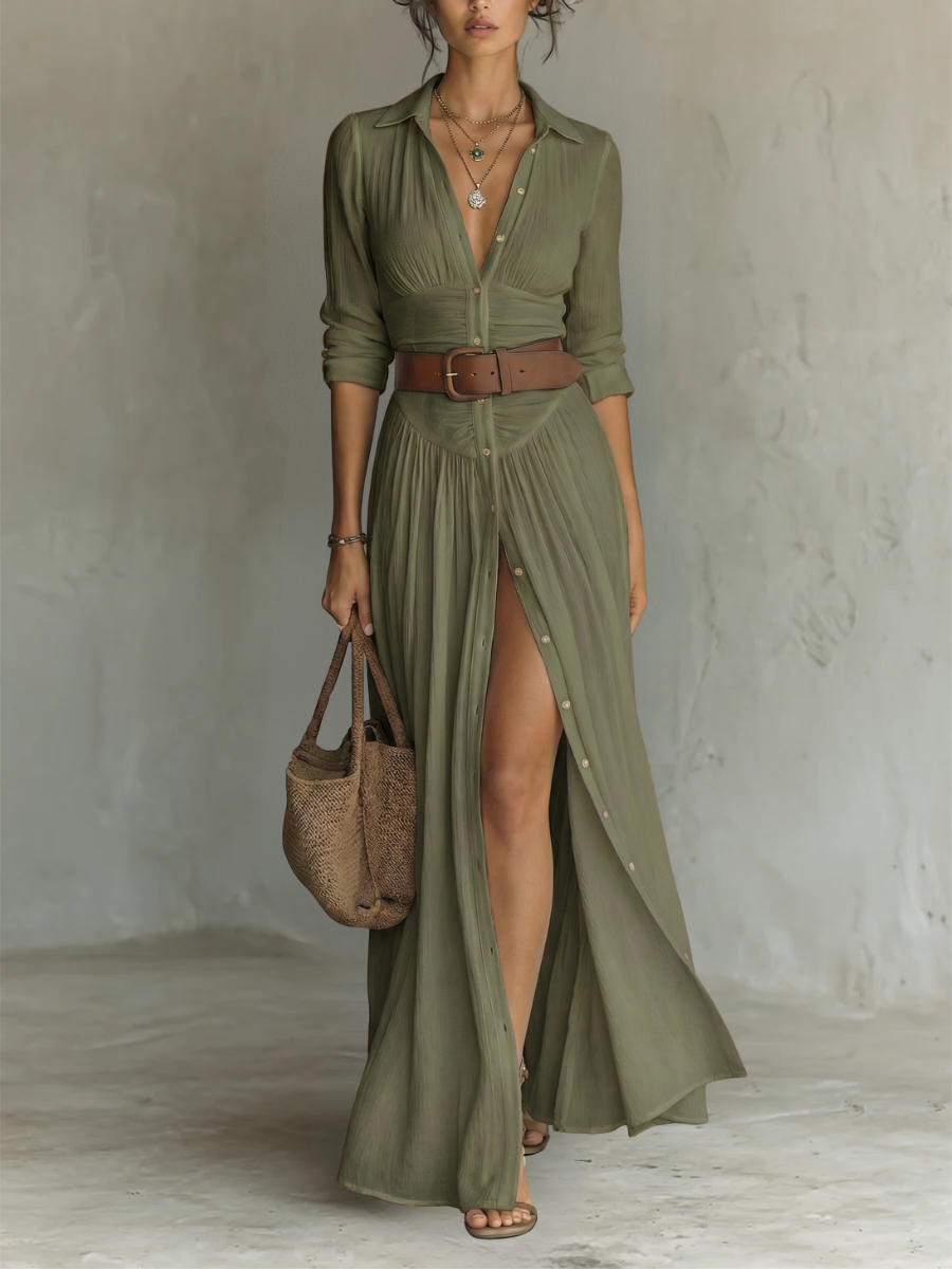 Nuria | Vestido Maxi Largo con Cuello de Muesca y Mangas Largas para Mujer