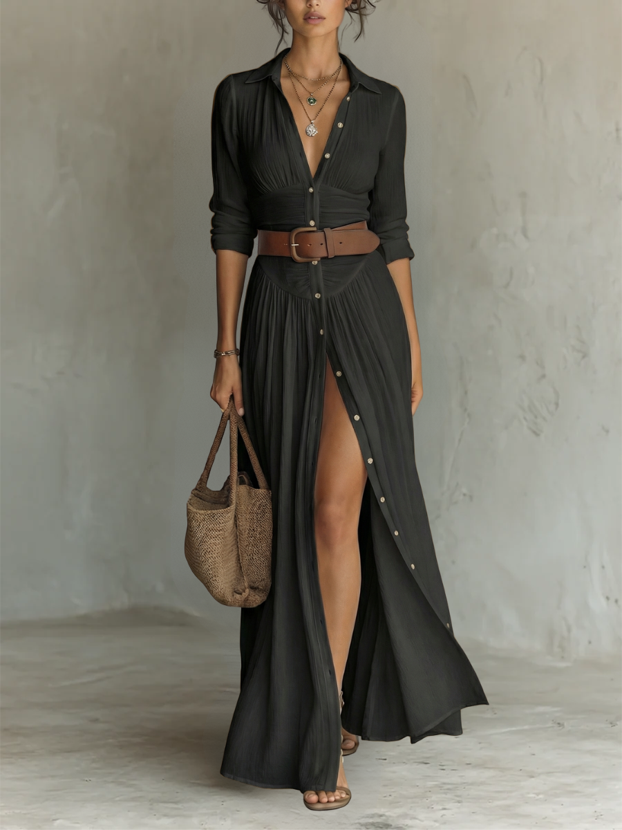 Nuria | Vestido Maxi Largo con Cuello de Muesca y Mangas Largas para Mujer