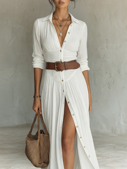 Nuria | Vestido Maxi Largo con Cuello de Muesca y Mangas Largas para Mujer