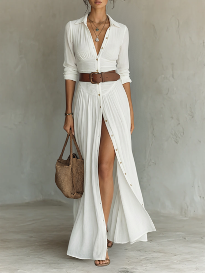 Nuria | Vestido Maxi Largo con Cuello de Muesca y Mangas Largas para Mujer