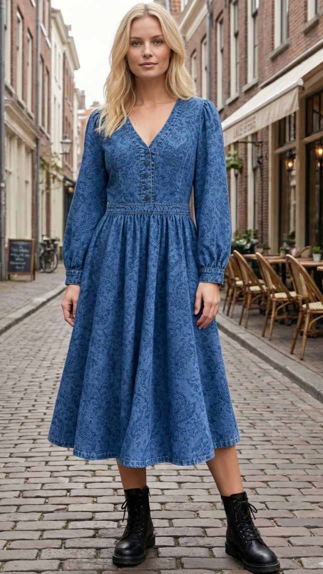 VESTIDO VAQUERO CON CUELLO EN V