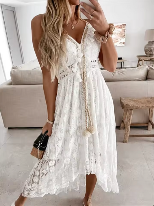 Bianca | Vestido Largo de Encaje Boho con Escote en V y Tirantes