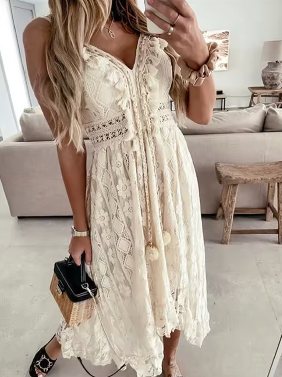 Bianca | Vestido Largo de Encaje Boho con Escote en V y Tirantes