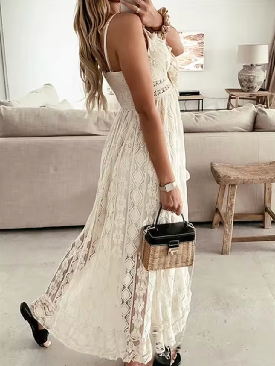 Bianca | Vestido Largo de Encaje Boho con Escote en V y Tirantes