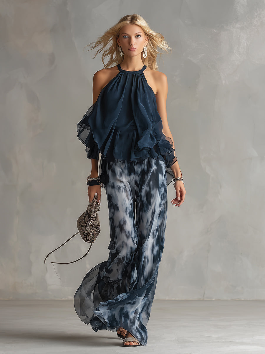 Luci | elegante en chifón con top de cuello alto y pantalones anchos estampados