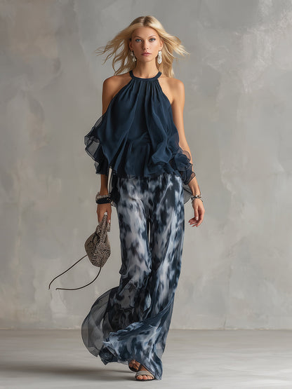 Luci | elegante en chifón con top de cuello alto y pantalones anchos estampados