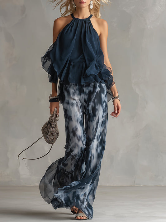 Luci | elegante en chifón con top de cuello alto y pantalones anchos estampados