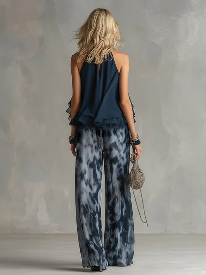 Luci | elegante en chifón con top de cuello alto y pantalones anchos estampados