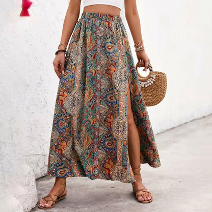 Isabela | Falda Maxi Boho Floral Plisada con Abertura y Cintura Alta