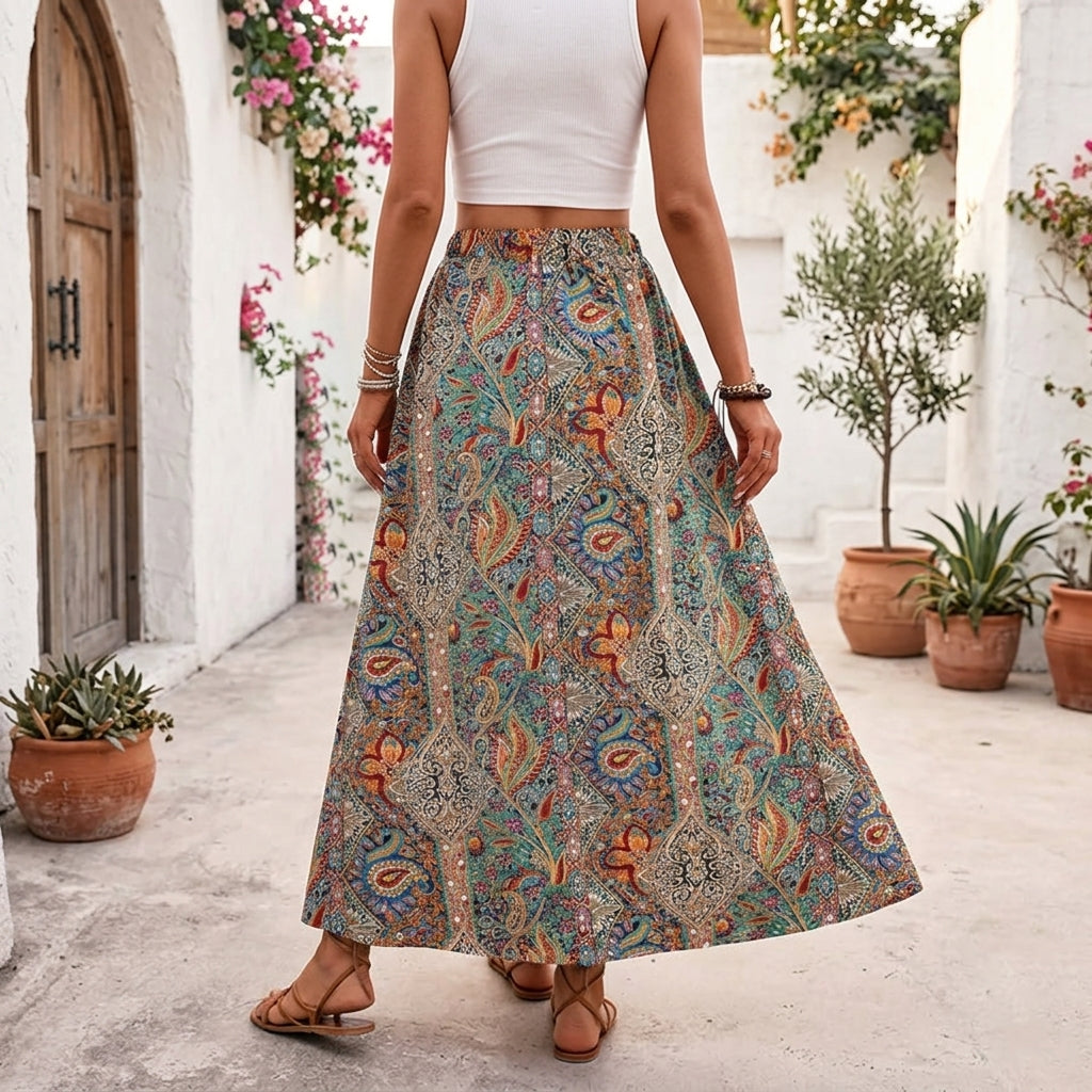 Isabela | Falda Maxi Boho Floral Plisada con Abertura y Cintura Alta